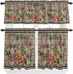 Spring Flowers Kitchen Curtain Set, Farmhouse Vintage Black Plaid Wood Grain Window Valance and Tiers 36" Length, Light Filtering Short Curtains Valance for Cafe Bathroom Bedroom 54"x18"