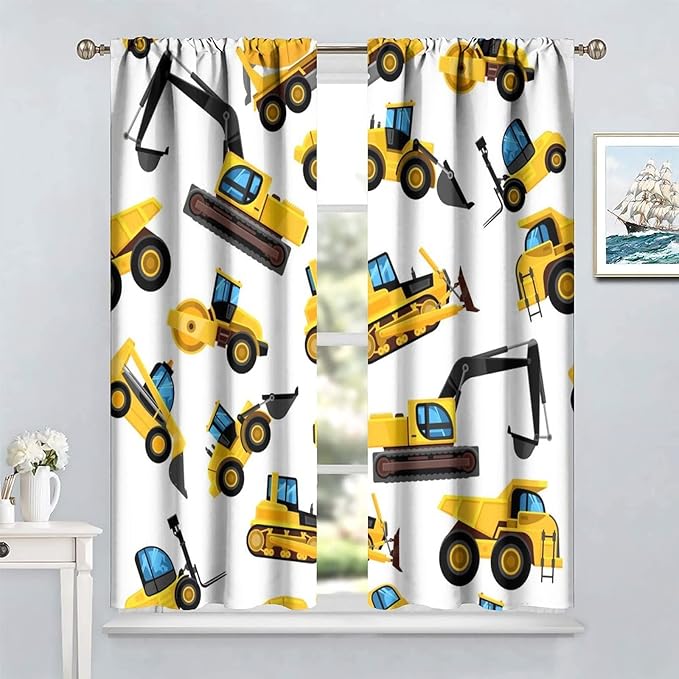 Kids Construction Equipment Window Curtains, Excavator Tractor Tow Truck Rod Pocket Decorative Windows Curtain for Children Teens Boys Girls Room Decor 63x63in (30% Blackout)