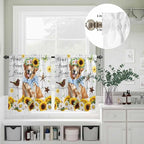 Kitchen Curtains Tiers and Valance Set of 3, Sunflowers Dog Light Filtering Window Curtain Set, Spring Watercolor Floral Stars Wood Grain Rod Pocket Curtain Drapes for Living Room, 24 Inches Tiers
