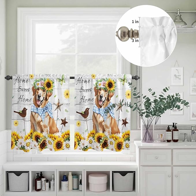 Kitchen Curtains Tiers and Valance Set of 3, Sunflowers Dog Light Filtering Window Curtain Set, Spring Watercolor Floral Stars Wood Grain Rod Pocket Curtain Drapes for Living Room, 24 Inches Tiers