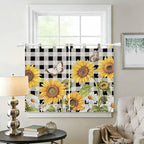 Sunflowers Bedroom Curtains 63 Inch Length, Window Curtains Tab Top, Yellow Flowers Butterfly Farmhouse Black Plaid Light Filtering Window Treatments Drapes 42"x63" 2 Panel