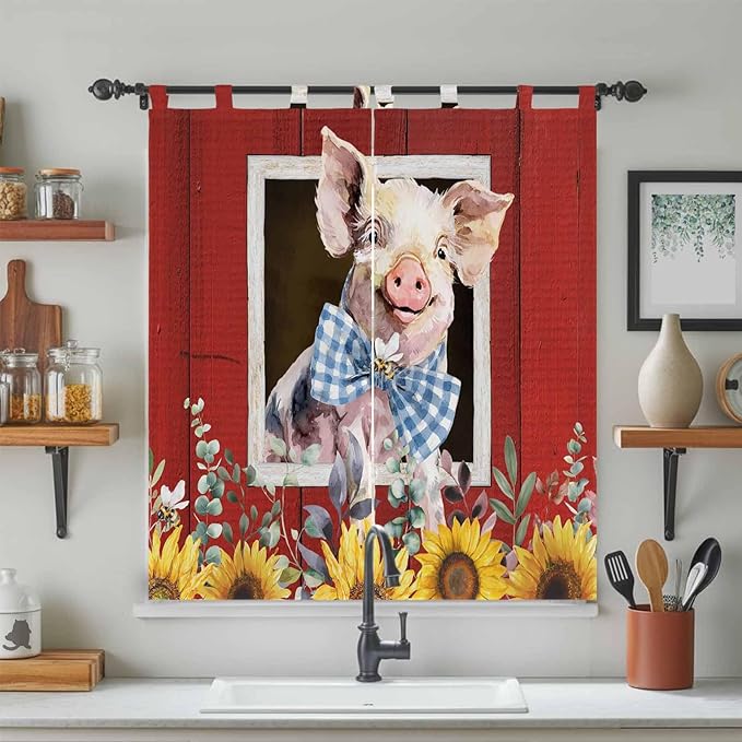 Pig Sunflowers Bathroom Curtains 63 Inch Length, Window Curtains Tab Top, Eucalyptus Leaves Floral Bees Red Barn Light Filtering Window Treatments Drapes 52"x63" 2 Panel