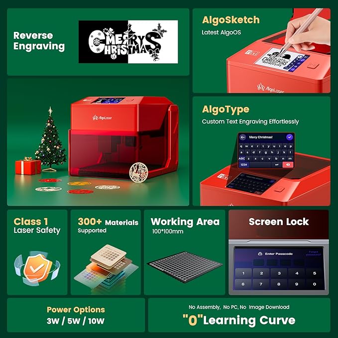 AlgoLaser 10W Laser Engraver Machine: Portable & Smart with 3.5" Touch Screen, Hand Drawing/Wireless/SD Card/Offline Engraving, AlgoOS 2.0 Self Developed System for Wood, Acrylic, Leather