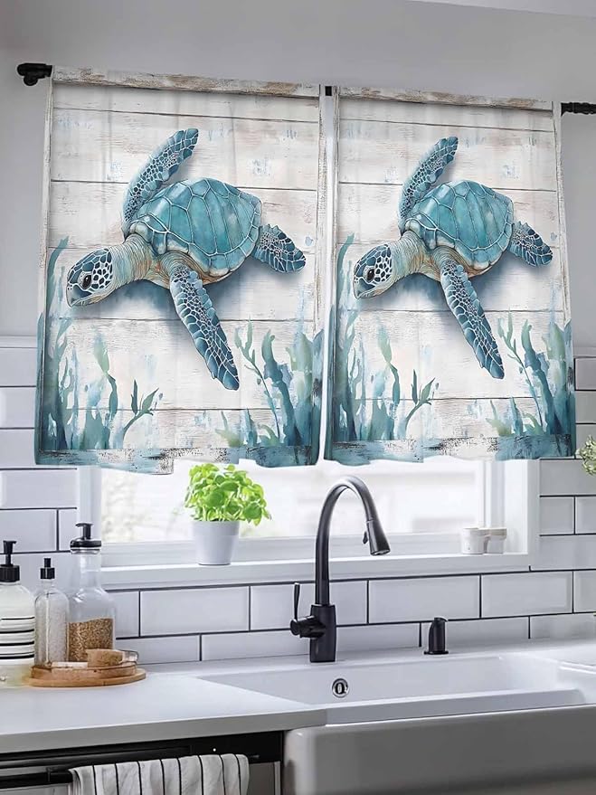 Sheer Curtains 45 Inch Length, Teal Green Sea Turtle Semi Sheer Curtains Light Filtering Window Treatment, Summer Ocean Seaweed Wood Grain Privacy Voile Drapes for Living Room Bedroom 52x45 Inch