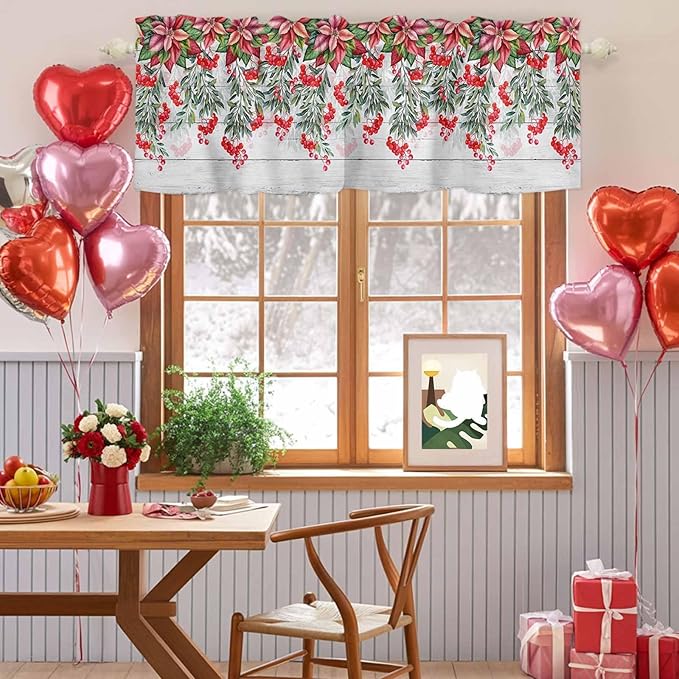 Poinsettia Berry Valance Curtains for Kitchen, Red Floral Winter Plants Vintage Wood Grain Privacy Rod Pocket Valance Curtain, Light-Filtering Window Treatment for Bedroom Bathroom, 60"x18"