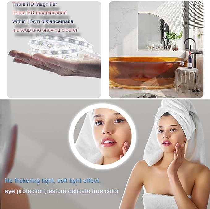 Smart Lighted Bathroom Mirror for Wall，Bathroom Mirror with LED Lights，Energy-Saving LED Smart Mirrors，LED Mirror for Bathroom，with Demister Pad and Smart Touch Switch(H70*W90cm/H27.6*W35.4IN)