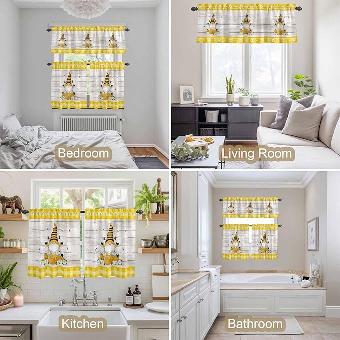 Yellow Gnomes Kitchen Curtains Set 3 Piece for Windows, Rod Pocket Valance and Tier Set 36 Inch Length, Spring Bees Daisy Plaid Wooden Grain Light Filtering Cafe Curtains for Living Room Bathroom