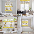 Yellow Gnomes Kitchen Curtains Set 3 Piece for Windows, Rod Pocket Valance and Tier Set 24 Inch Length, Spring Bees Daisy Plaid Wooden Grain Light Filtering Cafe Curtains for Living Room Bathroom