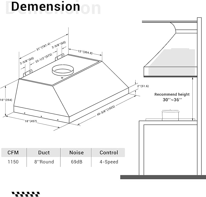 CHETTO C Stainless Steel Range Hood Cover with 4-Speed Vent Hood Insert Custom Handmade Metal Kitchen Fan with Towel Rack LED Light 42"W x24"D x33"H Black Wall Mount