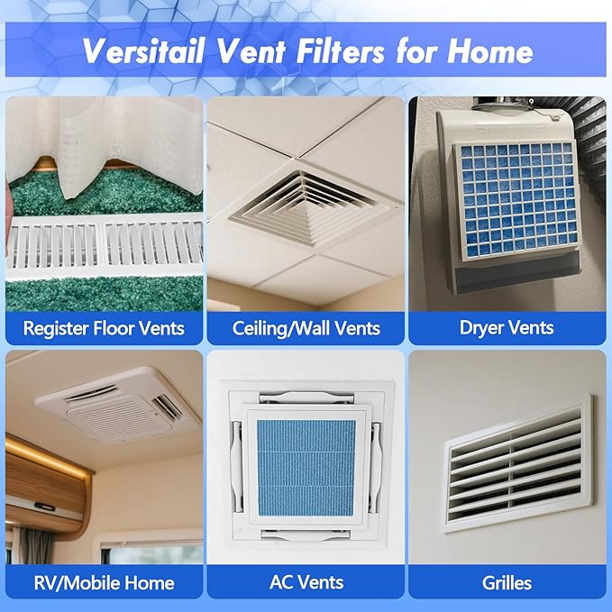 Air Vent Filter Kit - 14" x 90" Cut to Fit Air Filter Materials MERV 8 Electrostatic Media Roll for Home Floor, Ceiling, AC, HVAC, RVC Furnace Vents, With 48PCs Adhesive Hook Tape