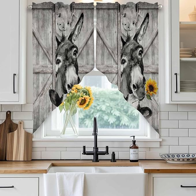 Funny Farm Animals Swag Valances for Windows, Vintage Barn Grey Sunflowers Rod Pocket Kitchen Curtains Valance, Small Window Curtains Swag for Cafe Bathroom Living Room, 2 Panels, 36x36 inch