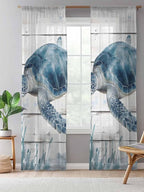 Sheer Curtains 96 Inches Long, Ocean Sea Turtle Semi Sheer Curtains Light Filtering Window Treatment, Coastal Seaweed Vintage Wood Grain Privacy Voile Drapes for Living Room Bedroom 52x96 Inch