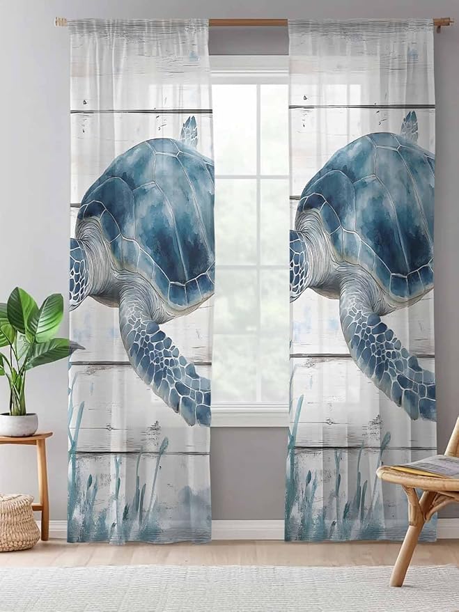 Sheer Curtains 108 Inches Long, Ocean Sea Turtle Semi Sheer Curtains Light Filtering Window Treatment, Coastal Seaweed Vintage Wood Grain Privacy Voile Drapes for Living Room Bedroom 52x108 Inch