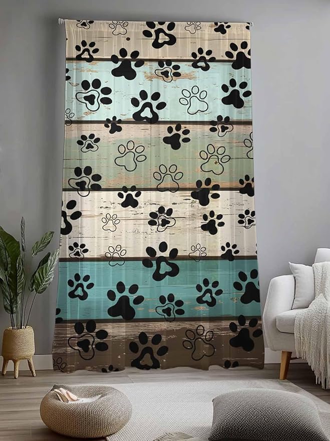 Sheer Curtains 108 Inches Long, Sage Green Brown Paw Prints Semi Sheer Curtains Light Filtering Window Treatment, Vintage Farmhouse Wooden Grain Privacy Voile Drapes for Living Room 52x108 Inch