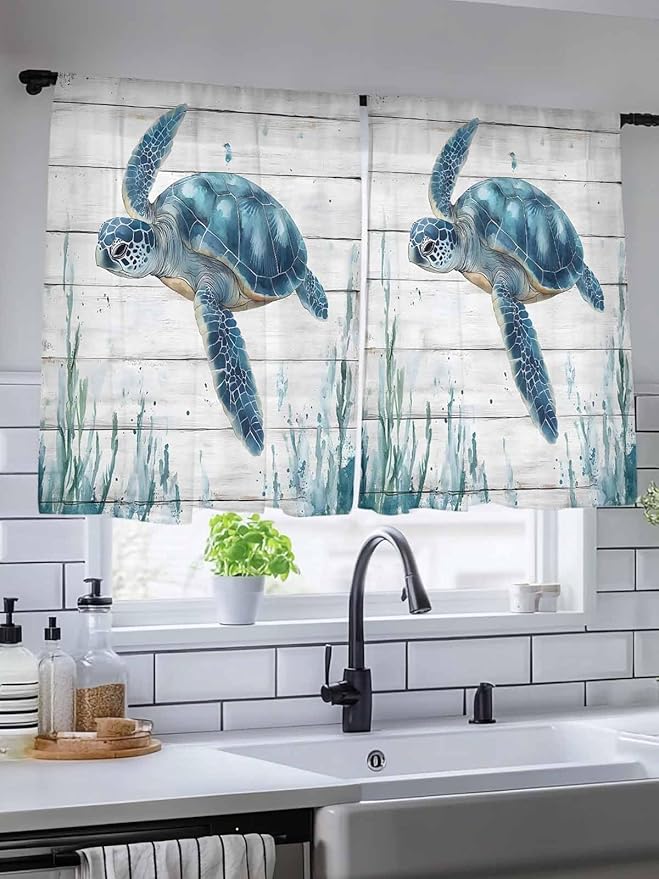 Sheer Curtains 54 Inch Length, Teal Green Ocean Turtle Semi Sheer Curtains Light Filtering Window Treatment, Coastal Seaweed Wood Grain Privacy Voile Drapes for Living Room Bedroom 52x54 Inch