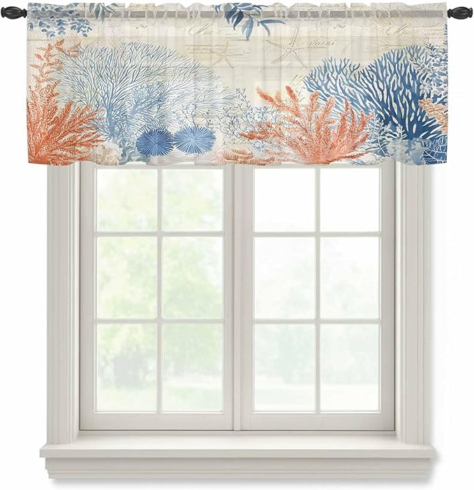 Ocean Corals Sheer Valance Curtains, Summer Beach Coral Sea Stars Retro Texture Light Filtering Kitchen Valances Rod Pocket Voile Curtain Window Treatment for Bedroom/Living Room/Basement 60Wx18L