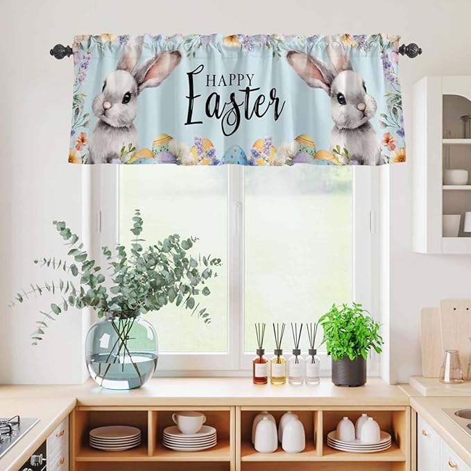 Happy Easter Kitchen Curtains Set 3 Piece for Windows,Rod Pocket Valance and Tier Set 36 Inch Length,Spring Grey Bunny Colorful Eggs Flower Blue Light Filtering Cafe Curtains for Living Room