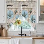 Teal Blue Tulips Swag Valances for Windows, Spring Floral Barn Doors Vintage Wood Beige Rod Pocket Kitchen Curtains Valance, Kitchen Window Curtains Swag for Cafe Living Room, 2 Panels, 36x63 inch