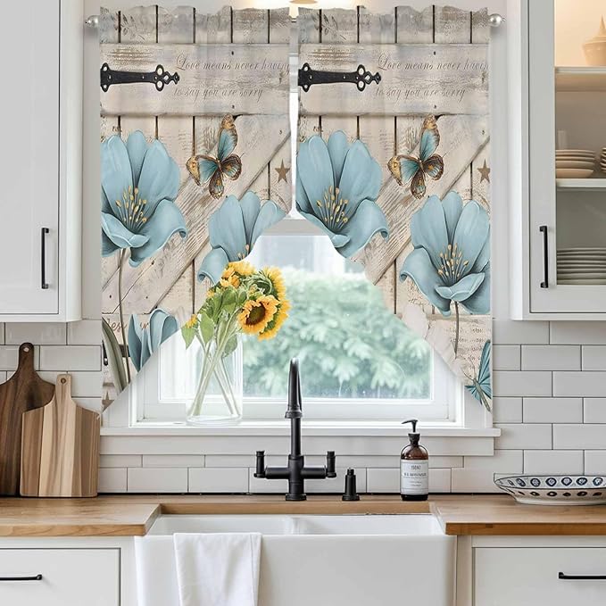 Teal Blue Tulips Swag Valances for Windows, Spring Floral Barn Doors Vintage Wood Beige Rod Pocket Kitchen Curtains Valance, Small Window Curtains Swag for Cafe Living Room, 2 Panels, 28x36 inch