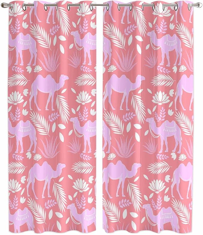 2 Panel Kitchen Cafe Curtains, Desert Camel Sunlight Filtering Nature Air Through, Window Decor Tier Curtains for Living Room 104W x 90L inch Vintage Sand Camel Leaves Flower Pattern Pink