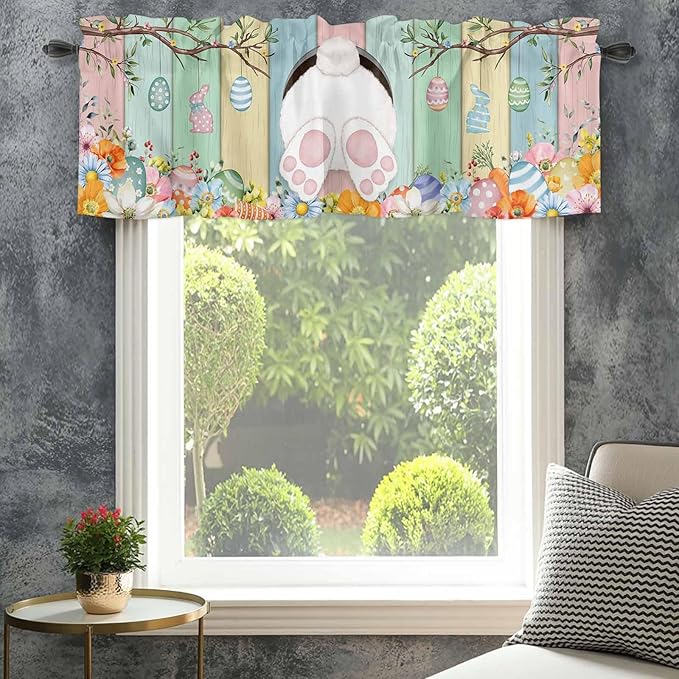 Easter Curtain Valances for Windows, Kitchen Valance Window Treatment, Spring Colorful Bunny Eggs Flower Wood Grain Light Filtering Block Curtains for Bathroom/Bedroom/Living Room 60'' x 18''