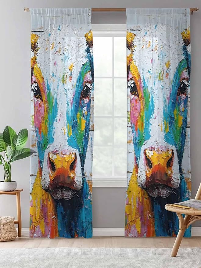 Sheer Curtains 84 Inches Long, Funny Colorful Cow Semi Sheer Curtains Light Filtering Window Treatment, Retro Rustic Oil Painting Wood Grain Privacy Voile Drapes for Living Room Bedroom 52x84 Inch