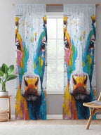 Sheer Curtains 96 Inches Long, Funny Colorful Cow Semi Sheer Curtains Light Filtering Window Treatment, Retro Rustic Oil Painting Wood Grain Privacy Voile Drapes for Living Room Bedroom 52x96 Inch