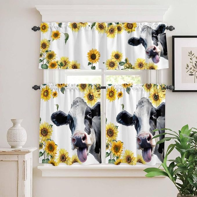 Kitchen Curtains Tiers and Valance Set of 3, Cow Sunflowers Light Filtering Window Curtain Set, Spring Botanical Floral Flowers Animals Rod Pocket Curtain Drapes for Cafe, Living Room, 36 Inches Tiers