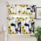 Kitchen Curtains Tiers and Valance Set of 3, Cow Sunflowers Light Filtering Window Curtain Set, Spring Botanical Floral Flowers Animals Rod Pocket Curtain Drapes for Cafe, Living Room, 36 Inches Tiers