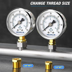 MEANLIN MEASURE 0~60Psi Dry Pressure Gauge Stainless Steel 1/8" NPT 2" FACE DIAL Waterproof for Pool Filter Pump Oil Air Compressor Tire Pressure Tester Lower Mount with 1/4" NPT and 3/8" NPT Hex Bush