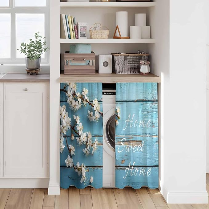 Farmhouse Wooden Grain Kitchen Curtains, Vintage Shabby Chic Flower Blue Light Filtering Window Curtain Panels, 2Pcs Rod Pocket Window Treatments Set for RV Dining Room Study Room 42x54 Inches