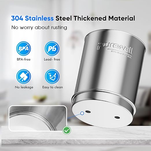 Purewell 3-Stage 0.01μm Ultra-Filtration Gravity Water Filter System, 304 Stainless Steel Countertop System with 2 Filters, Metal Water Level Spigot and Stand, Reduce 99% Chlorine, 2.25G, PW-OB-K