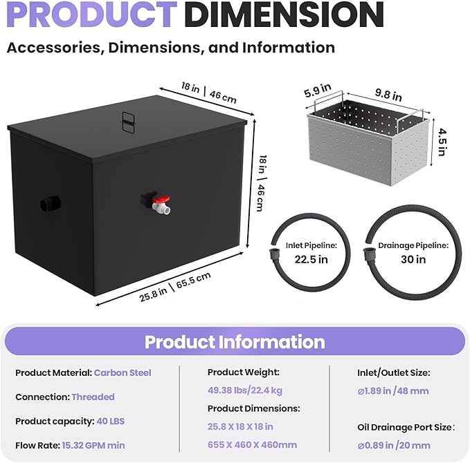 Commercial Grease Interceptor 40 LBS Carbon Steel Grease Trap, 15 GPM Flow Rate Under Sink Style, Dual Filter Tube for Restaurant Home Kitchen Food Processing Wastewater Separation