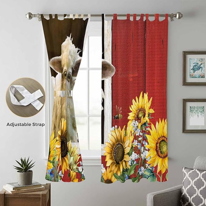 Sheep Flowers Living Room Curtains 96 Inch Length, Window Curtains Tab Top, Country Red Barn Botanical Sunflowers Light Filtering Window Treatments Drapes 52"x96" 2 Panel
