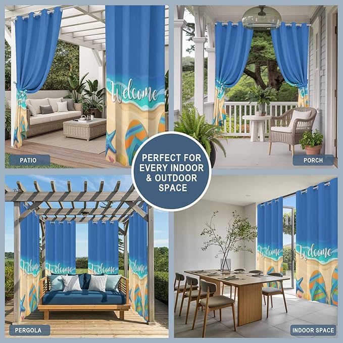 Summer Outdoor Curtains for Patio Beach Slippers Plumeria Waterproof Outside Curtains with Grommet Top Weatherproof Curtain for Cabana Pergola Gazebo, 2 Pack, 54" W x 108" L