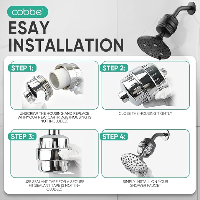 Cobbe High Output Shower Filter for Hard Water - 2 Replaceable Cartridges - Removing Chlorine and Harmful Substance, and Dramatically Improves The Condition of Your Skin, Hair and Nails - Matte Black