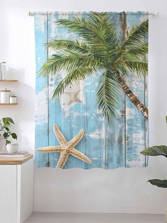 Sheer Curtains 72 Inches Long, Coastal Beach Blue Semi Sheer Curtains Light Filtering Window Treatment, Tropical Coconut Tree Vintage Wood Grain Privacy Voile Drapes for Living Room Bedroom 52x72 Inch