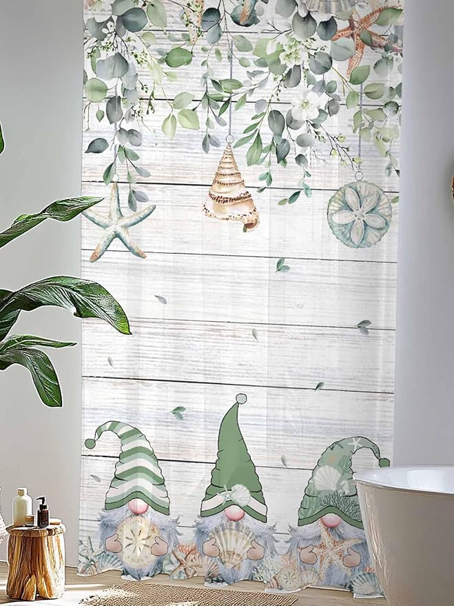 Sheer Curtains 84 Inches Long, Coastal Eucalyptus Leaf Semi Sheer Curtains Light Filtering Window Treatment, Sage Green Gnomes Starfish Privacy Voile Drapes for Living Room Bedroom 52x84 Inch