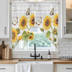 Yellow Sunflowers Swag Valances for Windows, Vintage Country Flowers Butterfly Wood Board Rod Pocket Kitchen Curtains Valance, Kitchen Window Curtains Swag for Cafe Living Room, 2 Panels, 36x63 inch