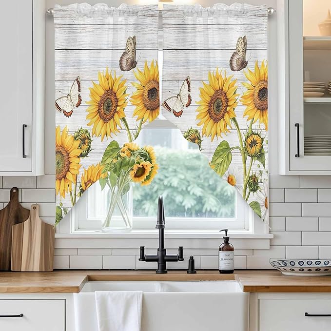 Yellow Sunflowers Swag Valances for Windows, Vintage Country Flowers Butterfly Wood Board Rod Pocket Kitchen Curtains Valance, Kitchen Window Curtains Swag for Cafe Living Room, 2 Panels, 36x45 inch