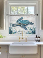 Sheer Curtains 45 Inch Length, Teal Green Sea Turtle Semi Sheer Curtains Light Filtering Window Treatment, Summer Ocean Seaweed Wood Grain Privacy Voile Drapes for Living Room Bedroom 52x45 Inch
