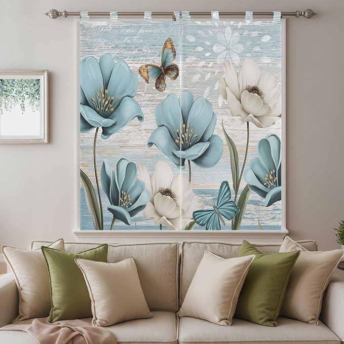 Spring Floral Living Room Curtains 84 Inch Length, Window Curtains Tab Top, Vintage Tulips Flower Butterfly Retro Wood Blue Light Filtering Window Treatments Drapes 42"x84" 2 Panel