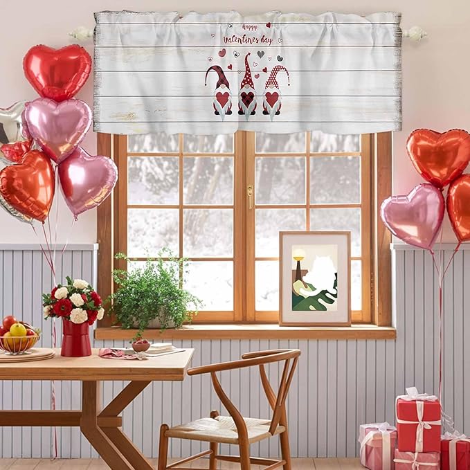 Happy Valentine's Valance Curtains for Kitchen, Day Gnomes Love Heart on Rustic Wood Grain Privacy Rod Pocket Valance Curtain, Light-Filtering Window Treatment for Bedroom Bathroom, 42"x12"