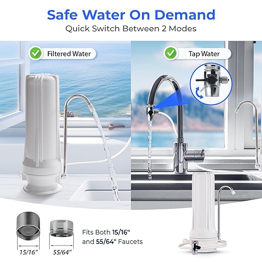 iSpring CT10-W Countertop Water Filter, Multi-Layer Faucet Water Filter System with Versatile Faucet Adapter, Reduces Heavy Metals, Bad Odor, and Chlorine, White