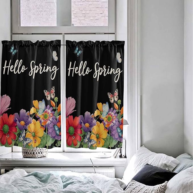 Spring Flowers Tier Curtains 45 Inches Long, Watercolor Country Colorful Floral Black Window Treatment Curtain Drapes, Window Half Privacy Curtains for Bedroom Bathroom, 42"x45", 2 Panels