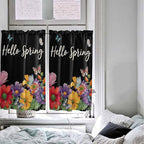 Spring Flowers Kitchen Curtains 54 Inches Length, Watercolor Country Colorful Floral Black Window Treatment Curtain Drapes, Decorative Window Curtains for Bedroom Cafe, 52"x54", 2 Panels