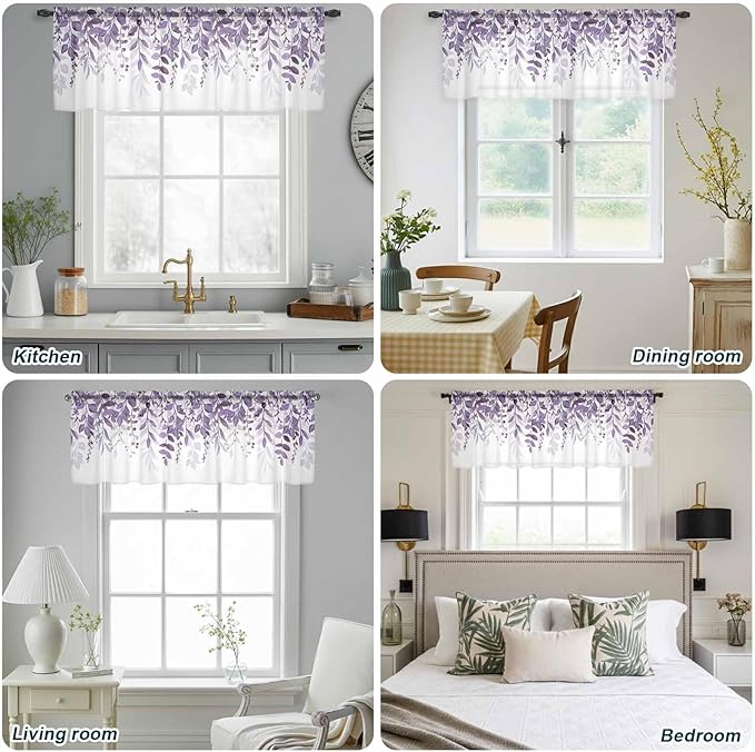 Eucalyptus Leaves Sheer Valance Curtains, Purple Leaves Idyllic Winds Farmhouses Light Filtering Kitchen Valances Rod Pocket Voile Curtain Window Treatment for Bedroom/Living Room/Basement 54Wx18L