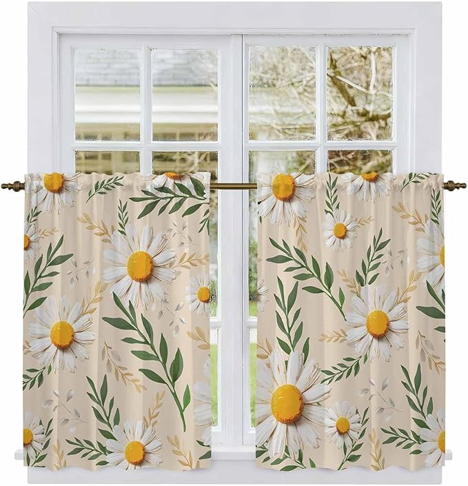 Spring Daisy Kitchen Curtains, Country Watercolor Flower Leaf Plant Light Filtering Window Curtain Panels, 2Pcs Rod Pocket Window Treatments Set for RV Dining Room Study Room 42x54 Inches