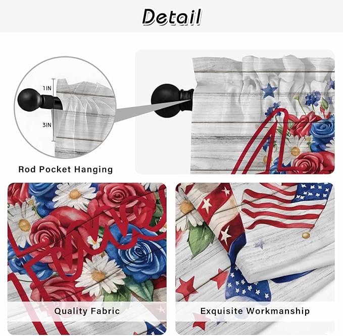 Independence Day Kitchen Curtains 45 Inch Long 2 Panel Set, Rod Pocket Window Treatment, 4 of July Rose Wooden Grain Vintage Light Filtering Short Curtains & Drapes for Bathroom Laundry 52"W x 45"L