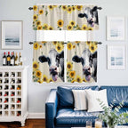 Kitchen Curtains Tiers and Valance Set of 3, Cow Sunflowers Light Filtering Window Curtain Set, Country Vintage Animals Floral Leaves Rod Pocket Curtain Drapes for Cafe, Living Room, 24 Inches Tiers